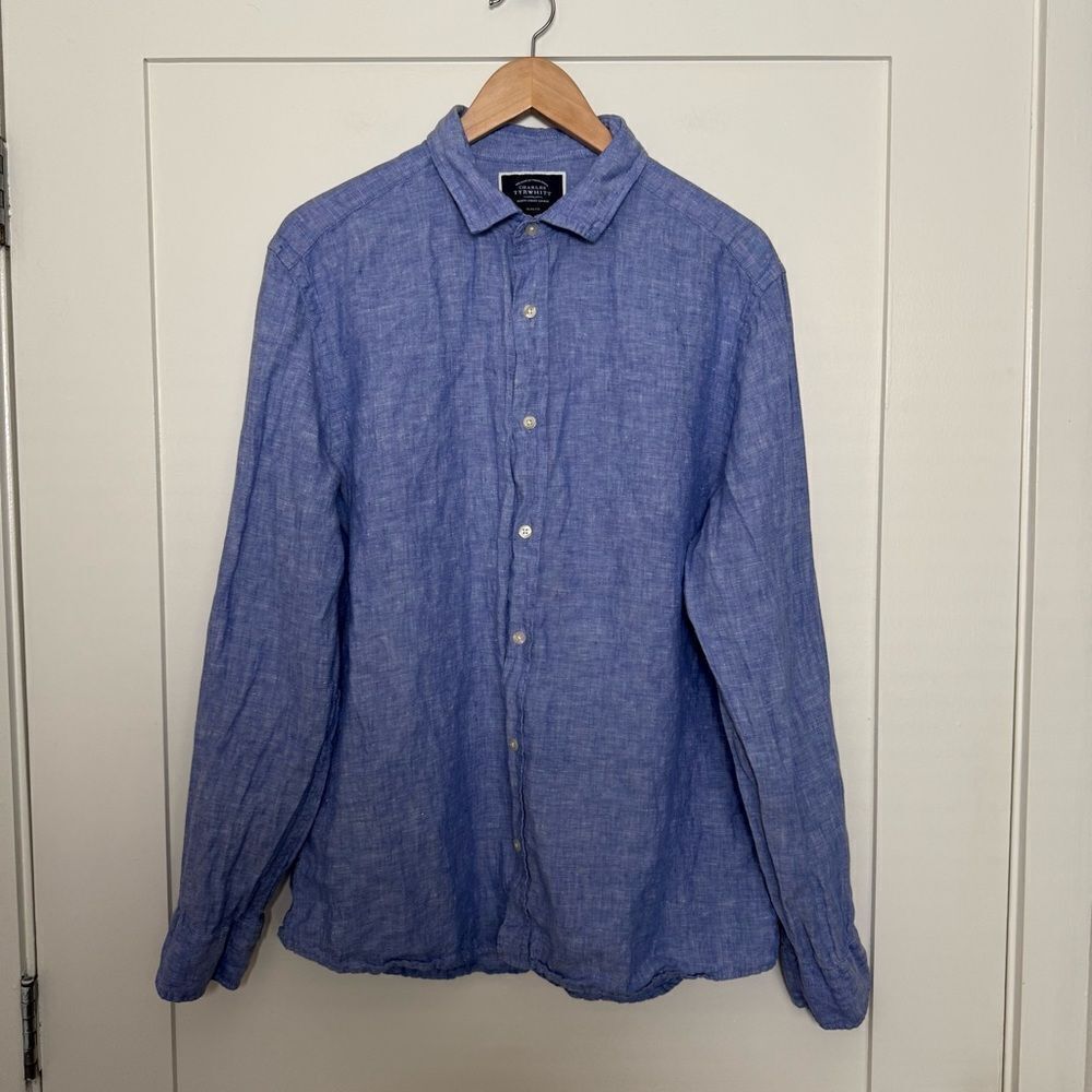 Charles Tyrwhitt Shirt Mens Sz L Blue Slim Fit 100% Linen Long Sleeve Preppy
